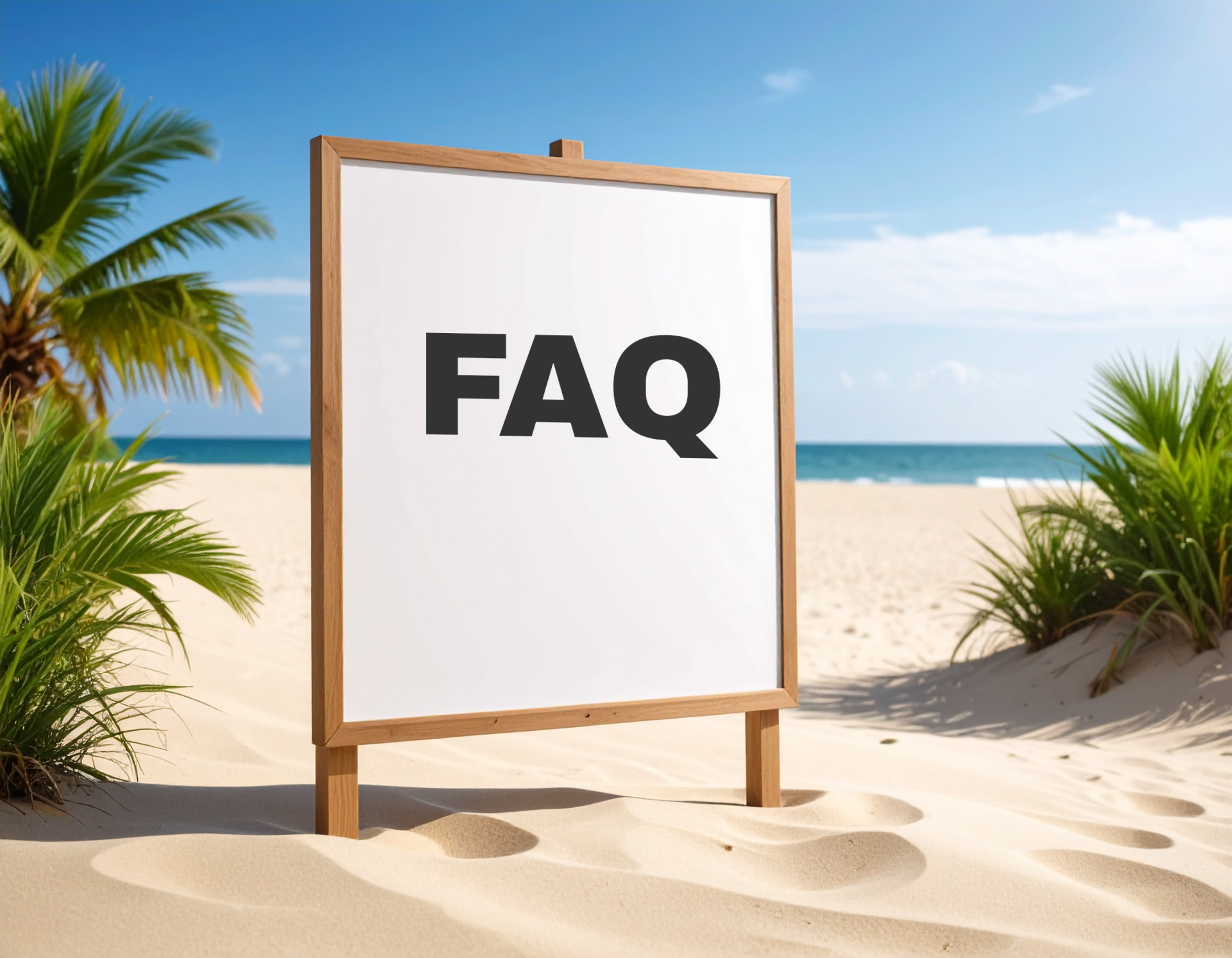 FAQ board in the sand